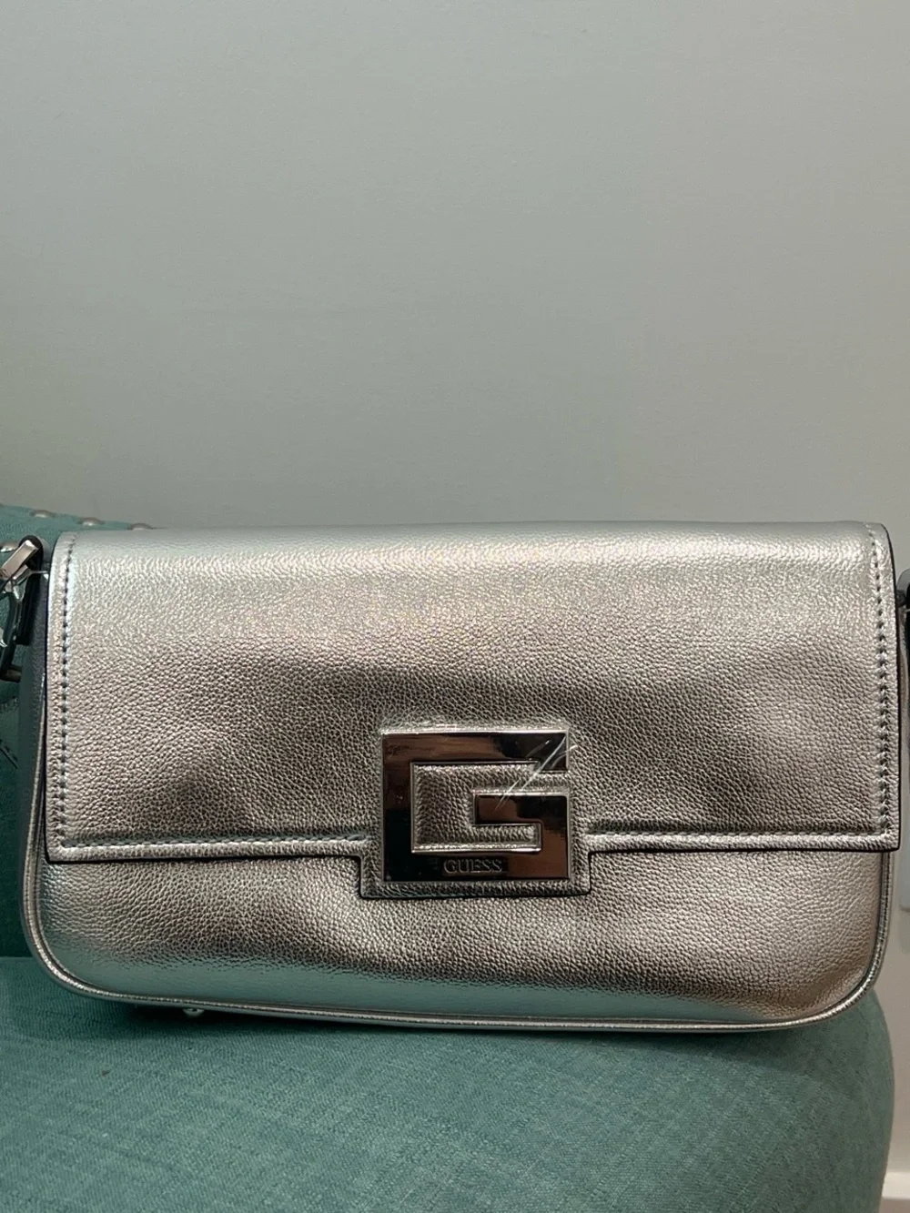 GUESS Silver Metallic Shoulder Bag with G Logo